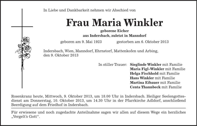 Traueranzeige Maria Winkler