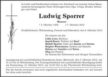 Traueranzeige Ludwig Sporrer