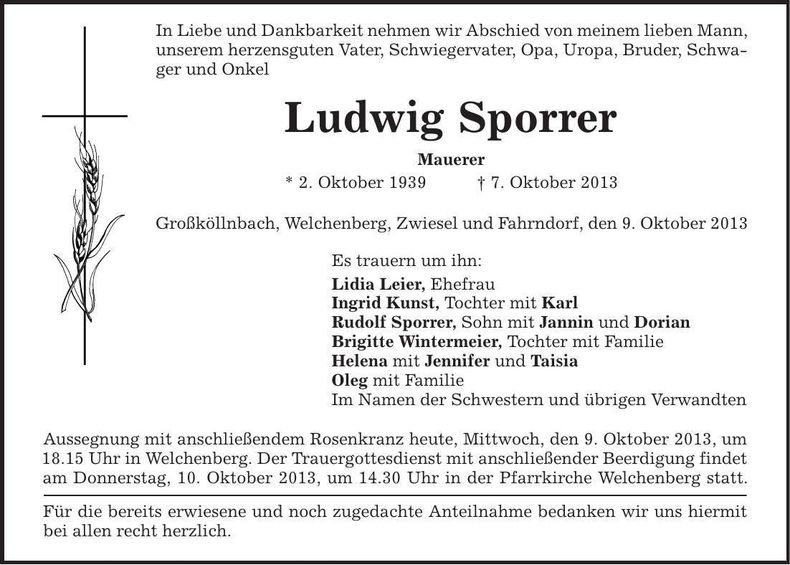 Traueranzeige Ludwig Sporrer