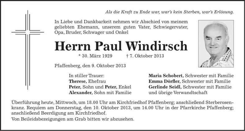 Traueranzeige Paul Windirsch