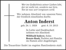 Traueranzeige Anton Inderst