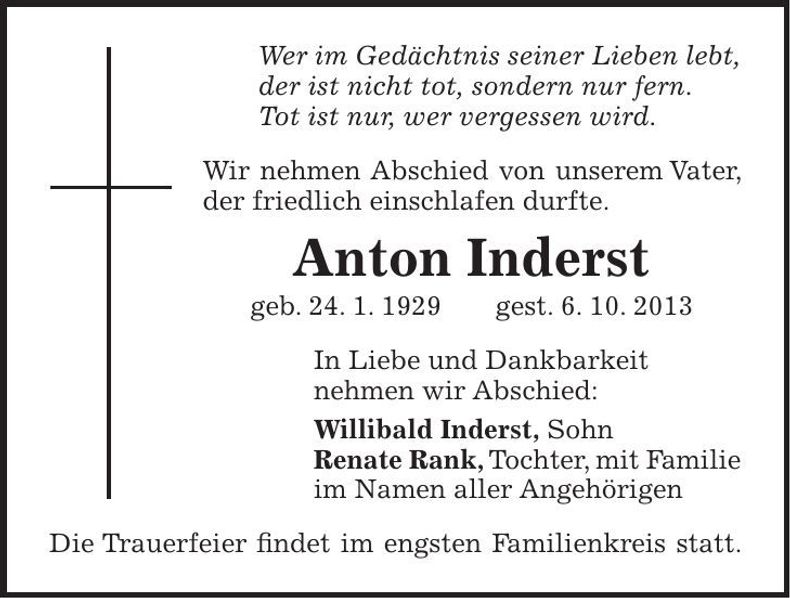 Traueranzeige Anton Inderst