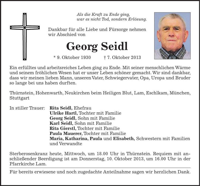 Traueranzeige Georg Seidl