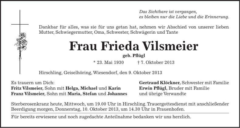 Traueranzeige Frieda Vilsmeier