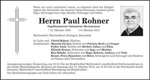 Traueranzeige Paul Rohner