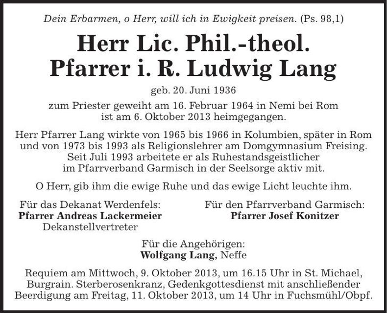 Traueranzeige Ludwig Lang