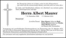 Traueranzeige Albert Maurer