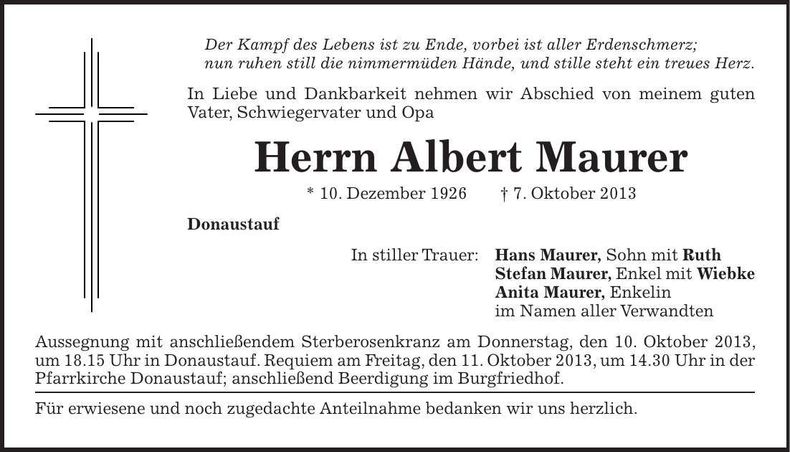 Traueranzeige Albert Maurer