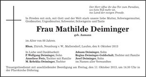 Traueranzeige Mathilde Deiminger
