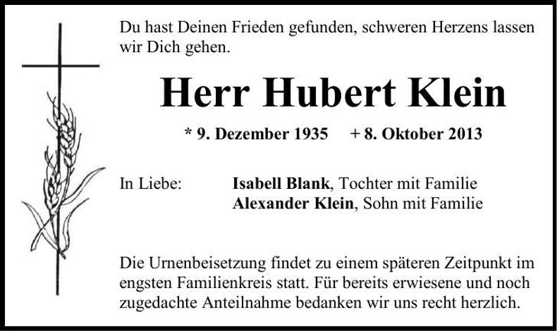 Traueranzeige Hubert Klein