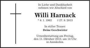 Traueranzeige Willi Harnack