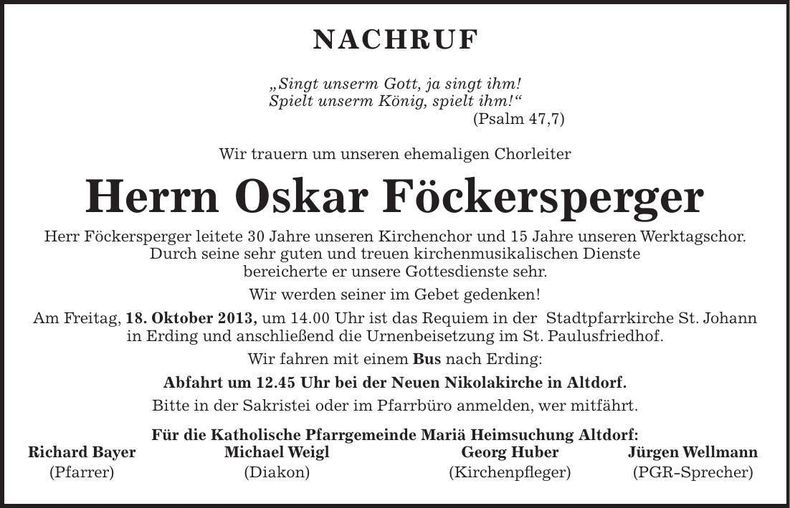 Traueranzeige Oskar Föckersperger