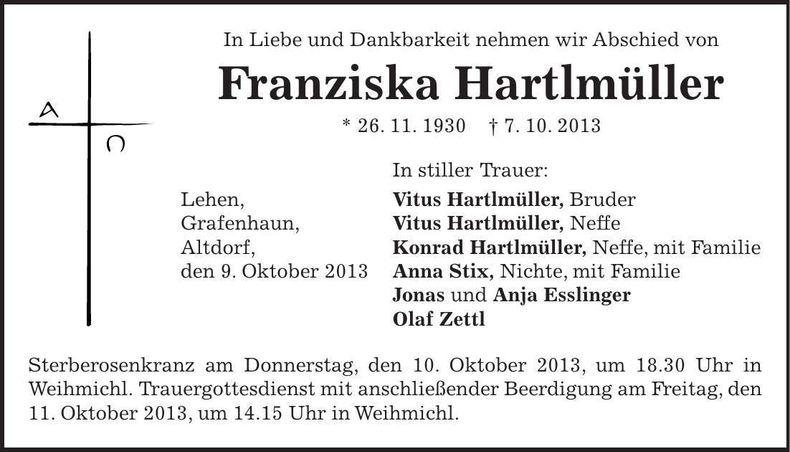 Traueranzeige Franziska Hartlmüller