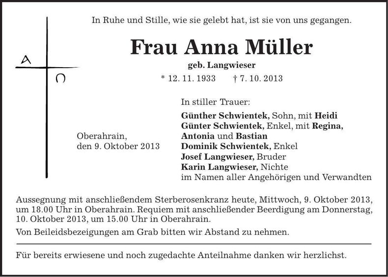 Traueranzeige Anna Müller