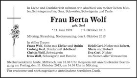 Traueranzeige Berta Wolf