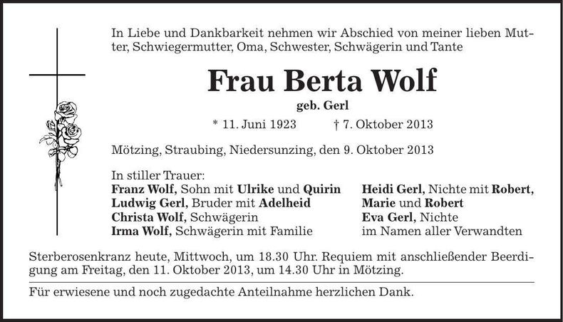 Traueranzeige Berta Wolf