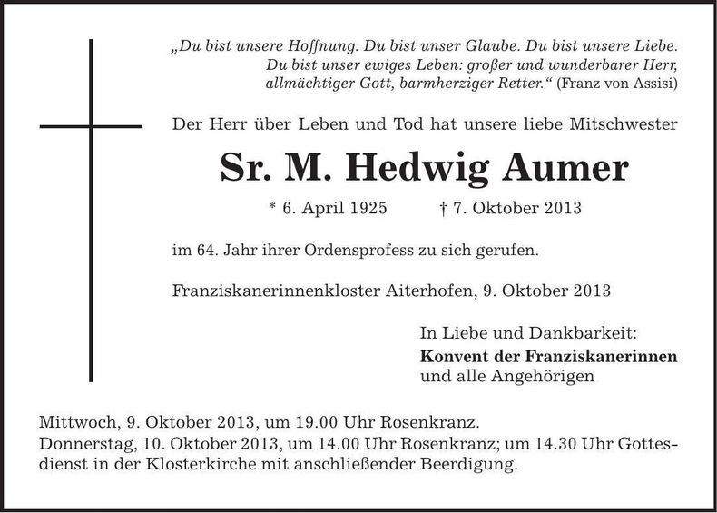 Traueranzeige Hedwig Ammer