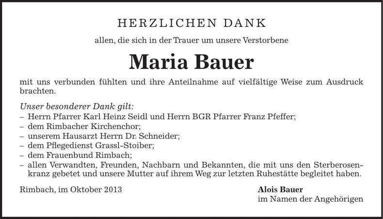 Traueranzeige Maria Bauer