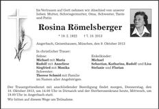 Traueranzeige Rosina Römelsberger