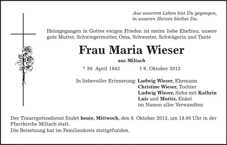 Traueranzeige Maria Wieser