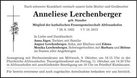 Traueranzeige Anneliese Lerchenberger