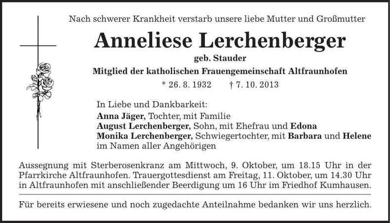 Traueranzeige Anneliese Lerchenberger