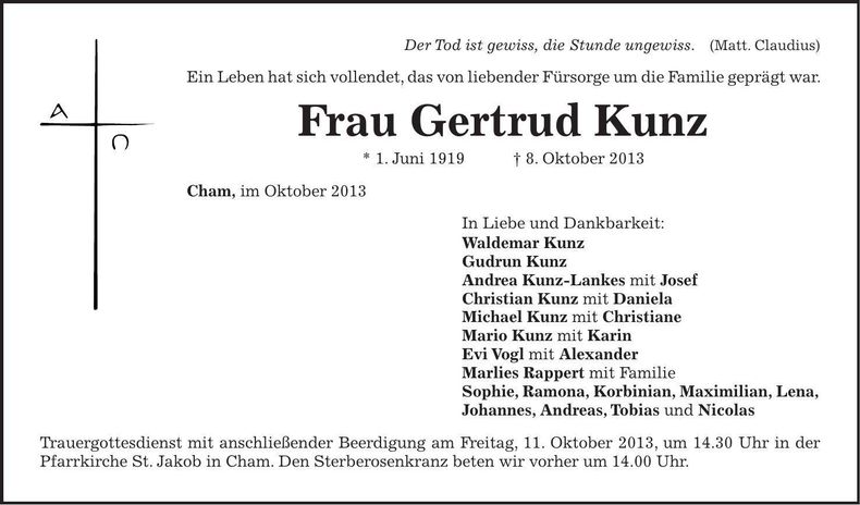 Traueranzeige Gertrud Kunz