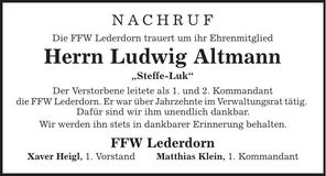 Traueranzeige Ludwig Altmann