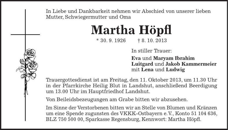 Traueranzeige Martha Höpfl