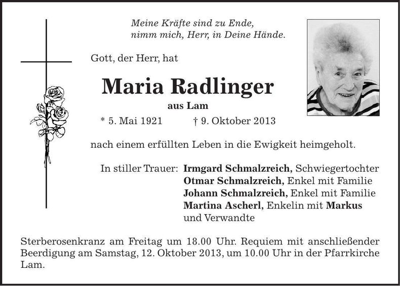 Traueranzeige Maria Radlinger