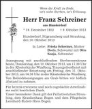 Traueranzeige Franz Schreiner