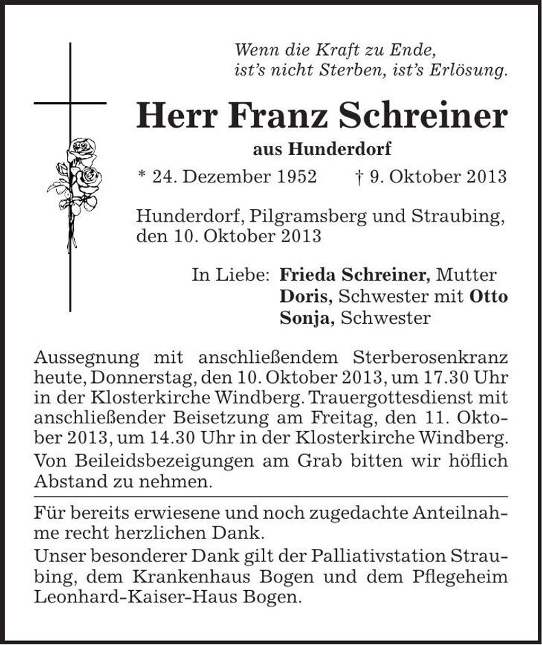 Traueranzeige Franz Schreiner