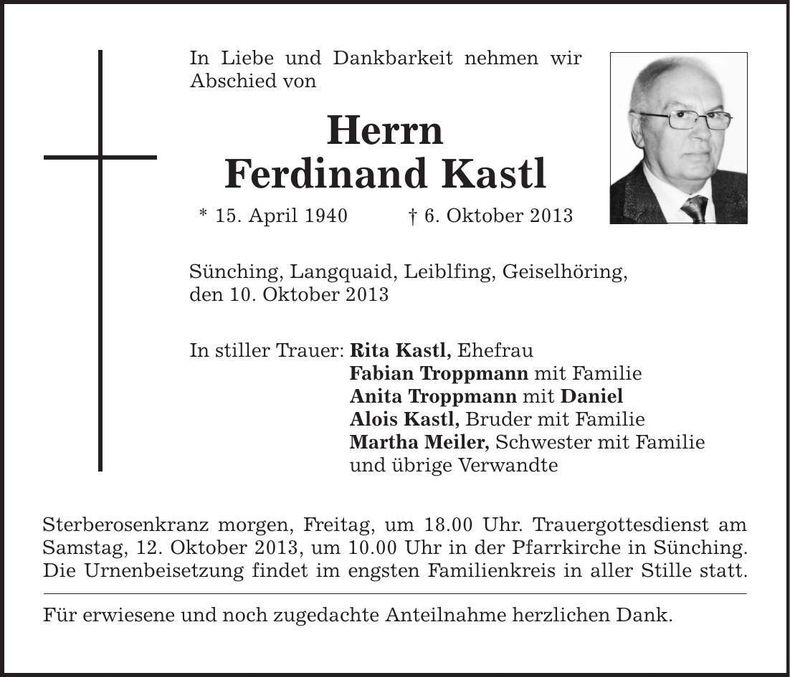 Traueranzeige Ferdinand Kastl