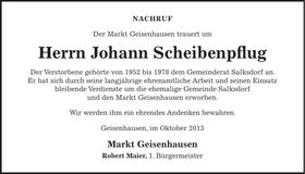 Traueranzeige Johann Scheibenpflug