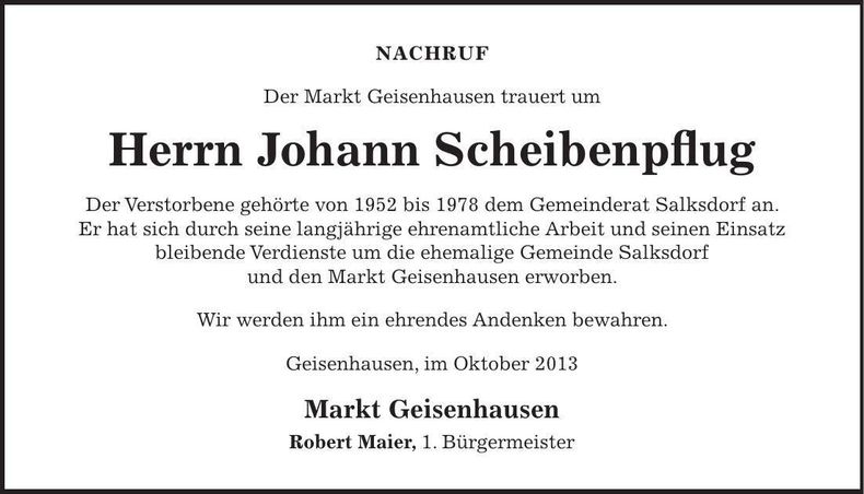 Traueranzeige Johann Scheibenpflug