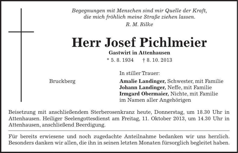 Traueranzeige Josef Pichlmeier