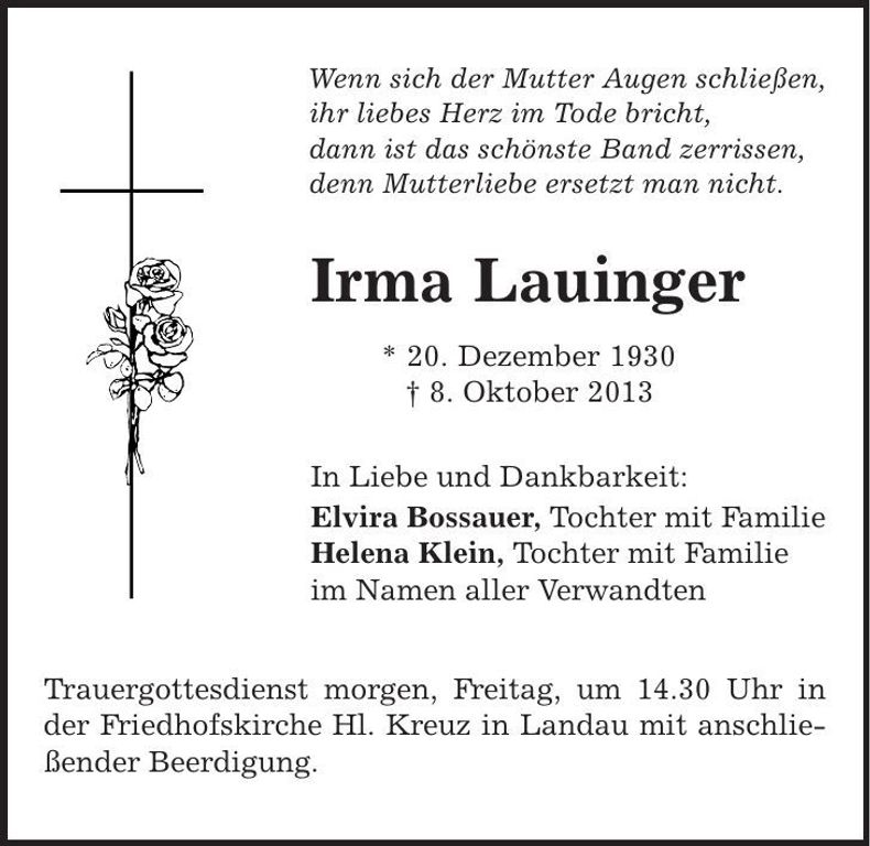 Traueranzeige Irma Lauinger