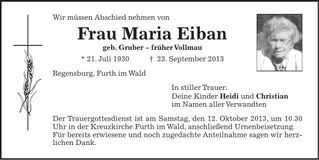 Traueranzeige Maria Eiban