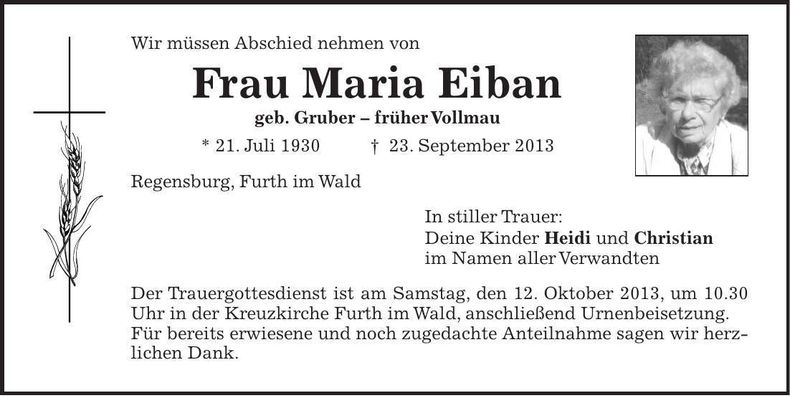 Traueranzeige Maria Eiban