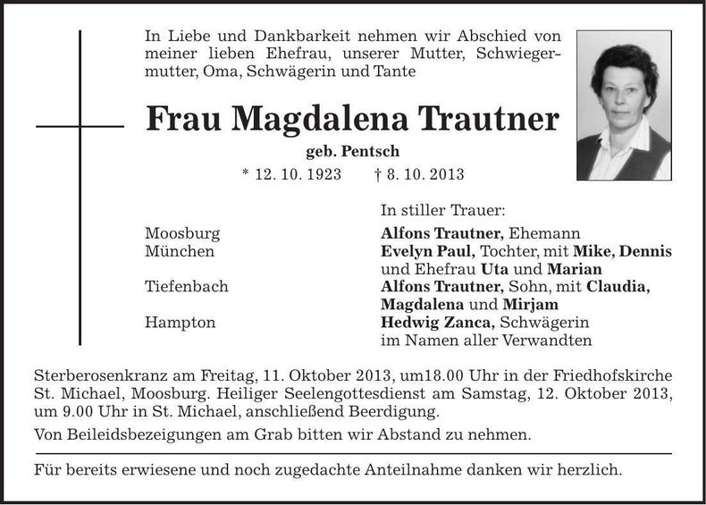 Traueranzeige Magdalena Trautner