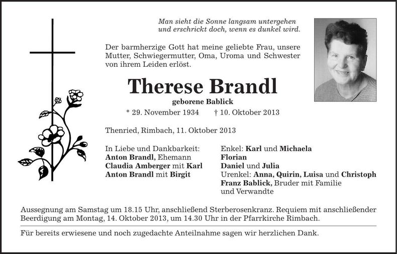Traueranzeige Therese Brandl