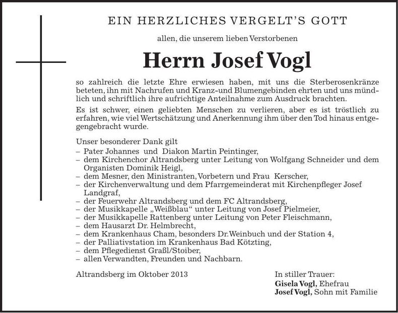 Traueranzeige Josef Vogl