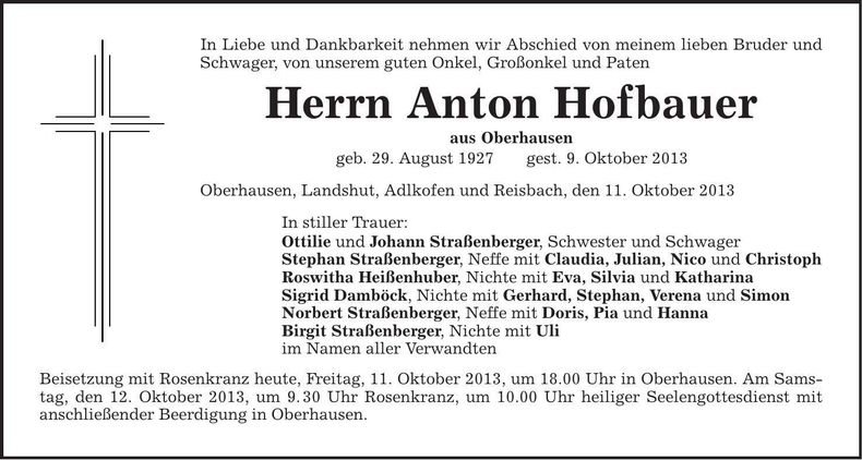 Traueranzeige Anton Hofbauer