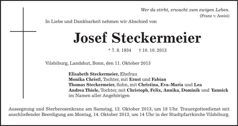 Traueranzeige Josef Steckermeier