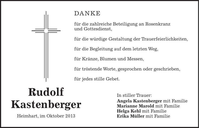 Traueranzeige Rudolf Kastenberger
