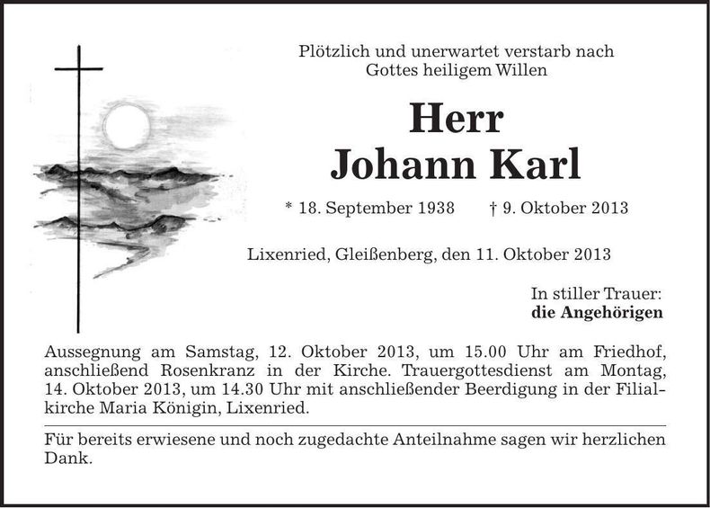 Traueranzeige Johann Karl