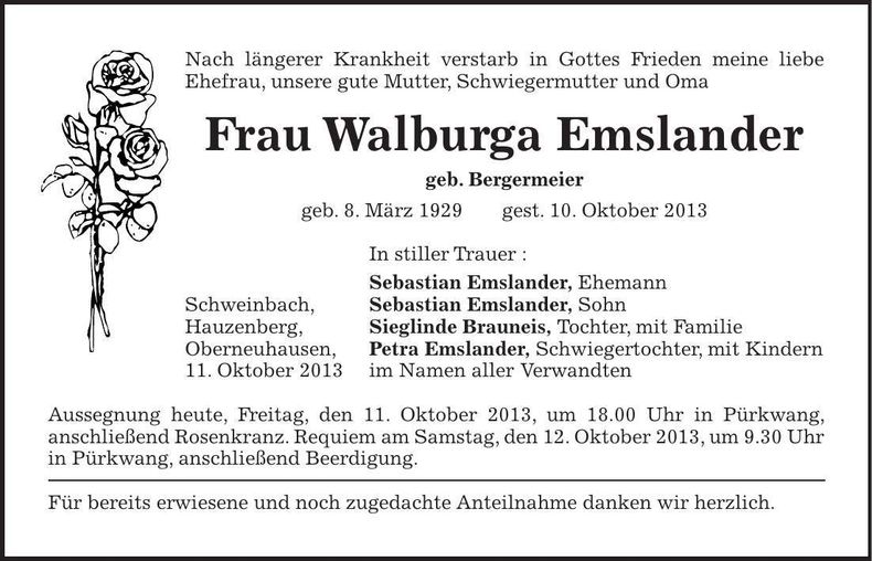 Traueranzeige Walburga Emslander