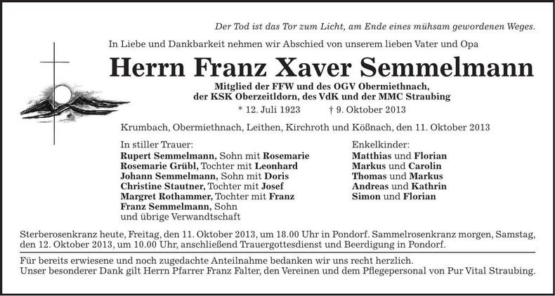 Traueranzeige Franz Xaver Semmelmann