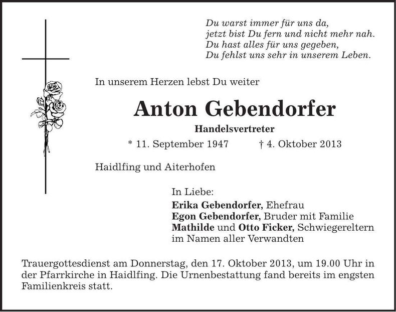 Traueranzeige Anton Gebendorfer