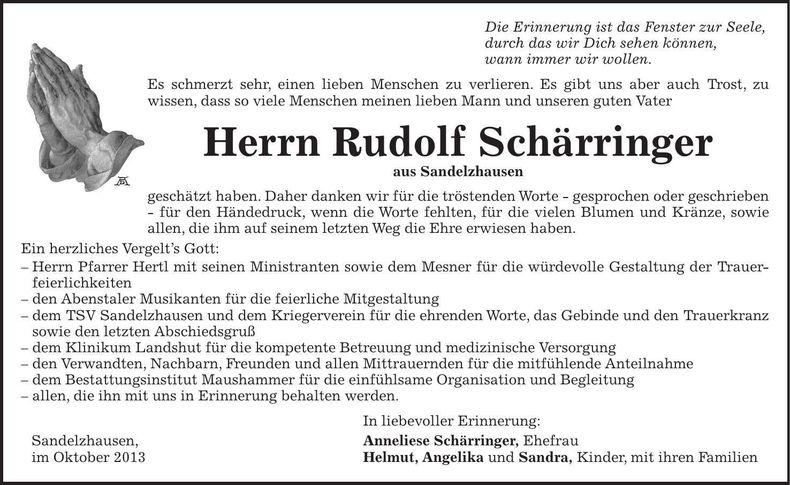 Traueranzeige Rudolf Schärringer